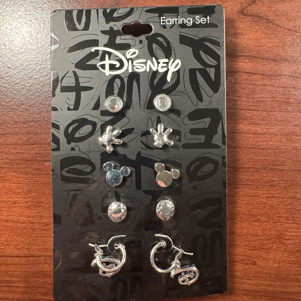 Disney Parks 5 Pair Earring Set Mickey Silhouette Gloves D Logo Silver Tone NEW